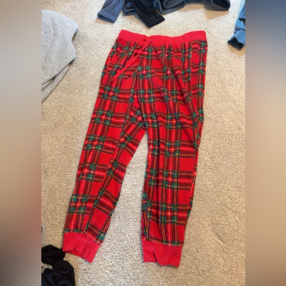 Red and green pajama pants.